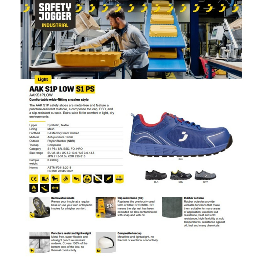 SAFETY JOGGER - AAK S1P LOW รองเท้าเซฟตี้ แผ่นใยกันทะลุ  มาตรฐานสากล รองเท้านิรภัย