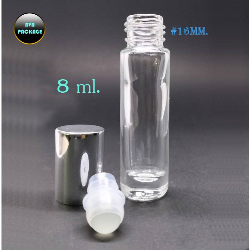 ขวดแก้ว 8 ml. พร้อมลูกกลิ้ง และ ฝามีให้เลือกหลายสี (50ขวด)