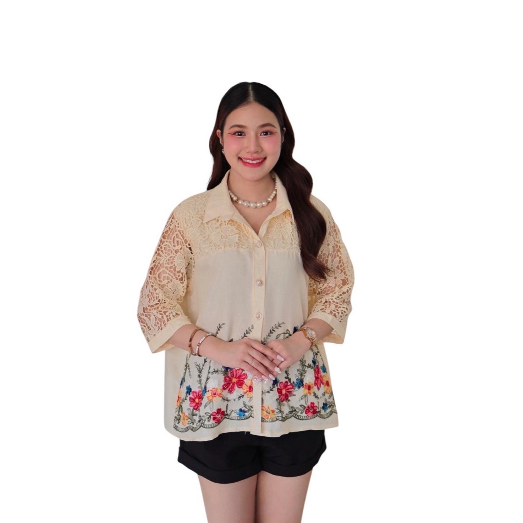 คอปกกระดุมหน้าผ้าลินินผสมผ้าฝ้ายงานปักรายดอกไม้ รอบอก 42-46 ใส่ได้ตั้งแต่ 38-40-42-44