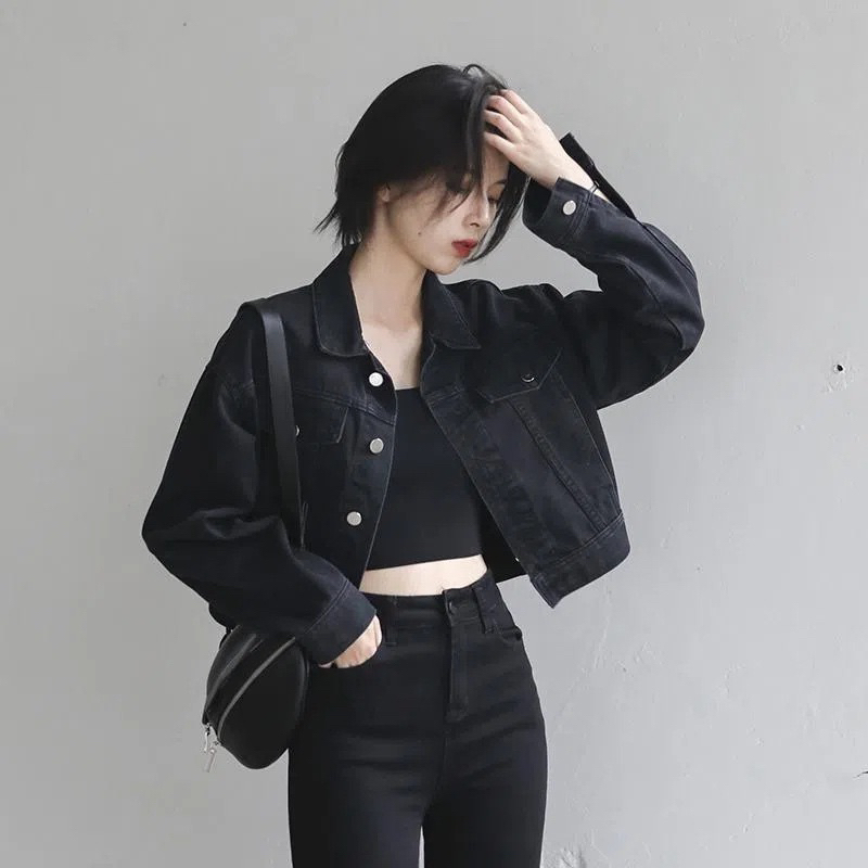 เสื้อแจ็คเก็ตยีนส์ผู้หญิงทรงครอป พร้อมส่ง