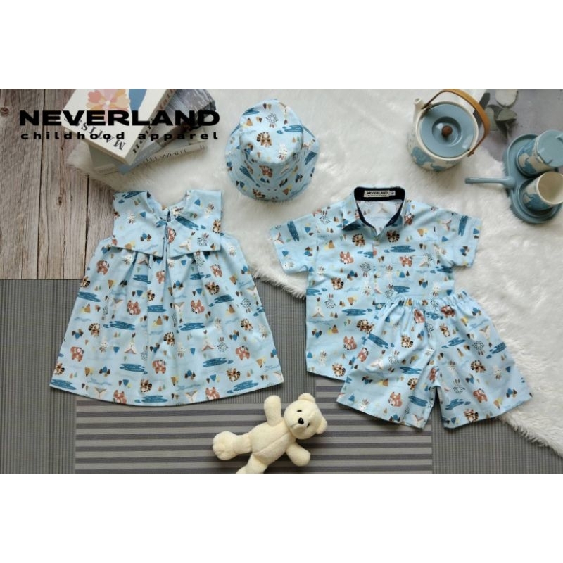 NEVERLAND ชุดคู่ลูกสาว & ลูกชาย พิมพ์ลายสุนัขจิ้งจอก กระต่าย แรคคูน สีฟ้า (ไม่รวมหมวก) ผ้า Cotton 100%
