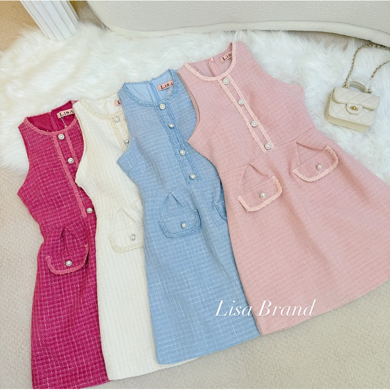 [LISA] A0737 ชุดเดรสกระโปรงคอกลมแขนกุดดีเทลแต่งกระดุมไข่มุกกระเป่า ใส่เที่ยว ออกงาน คาเฟ่ ดินเนอร์