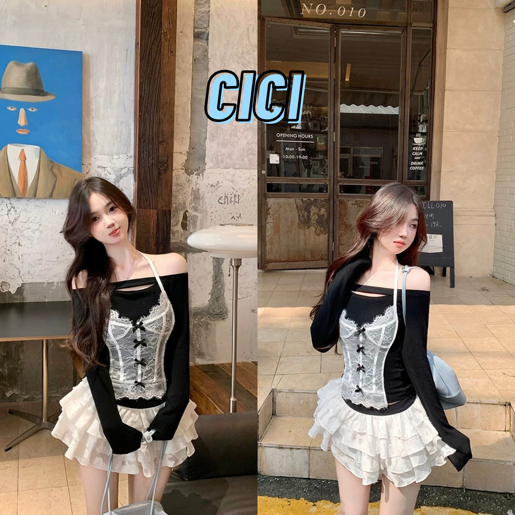 ส่งทันที Cici(NO. S3220) เสื้อปาดไหล่แขนยาว แต่งลูกไม้คล้องคอ ดีเทลโชว์อก สไตล์เวียดนาม
