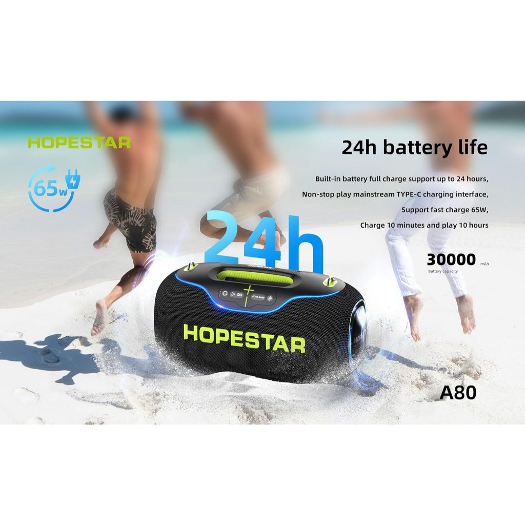 Hopestar A80 ลำโพงบลูทูธ 350วัตต์ พร้อมไมค์ลอย1อัน ลำโพง6ดอก มีไฟRGB ปรับเบส3โหมด  IPX6 ของแท้100%