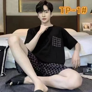 ใหม่/#TP-พร้อมส่ง ชุดนอนผู้ชาย ผ้ายืด ผ้านิ่ม เเขนสั้น+ขาสั้น พิมลาย