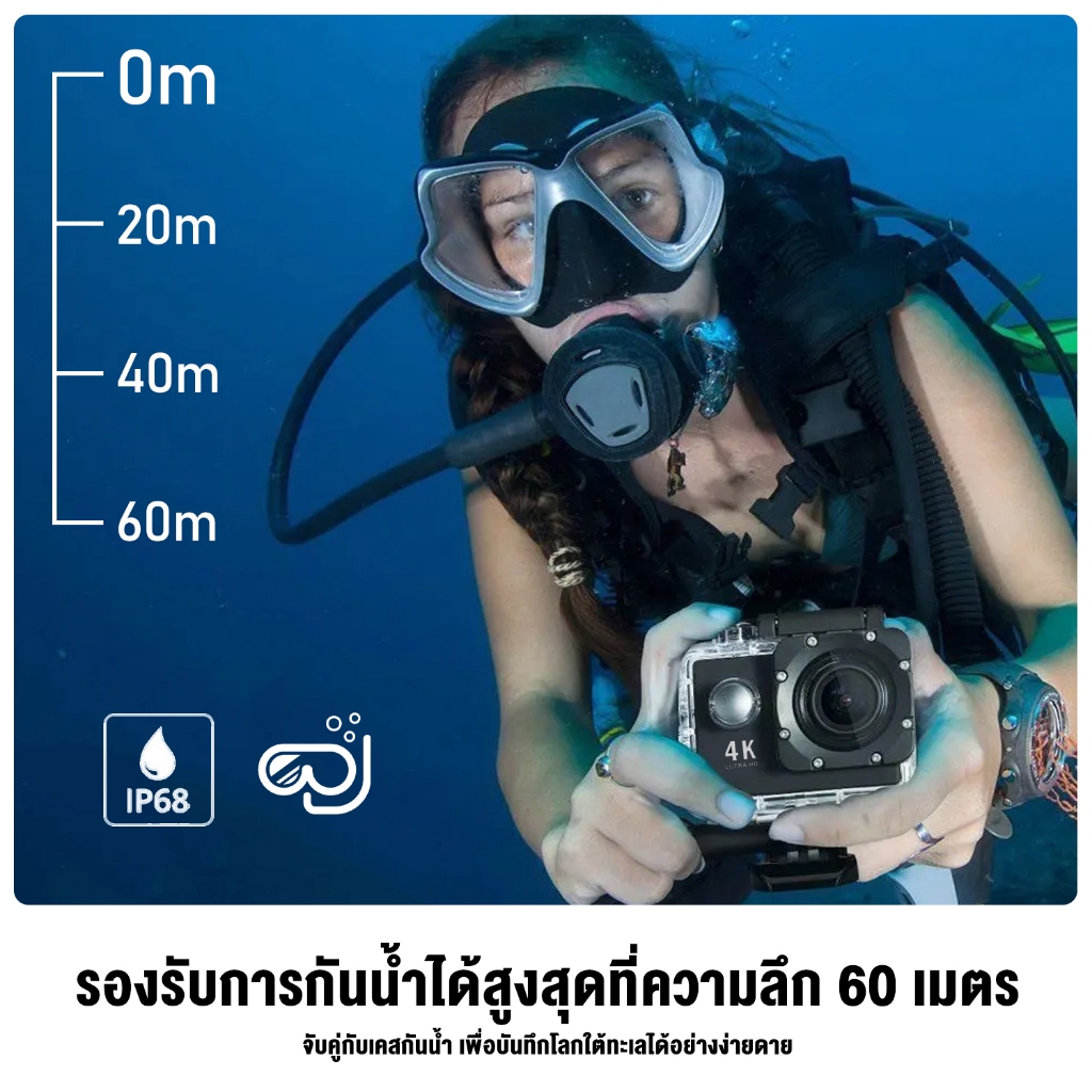รับประกัน 5 ปี กล้องติดหมวกกันน็อค（4K WIFI ความลึกใต้น้ำที่ลึกที่สุดสามารถเข้าถึง 90M）กล้องติดหมวก กล้องติดรถมอเตอร์ไซค์