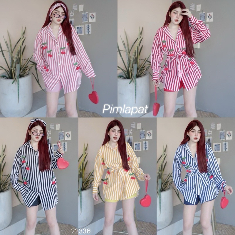 🍒FF22336🍒ชุดset 3 ชิ้น เสื้อเชิ้ตลายริ้ว ผ้าไหมอิตาลี่ แต่งอะไหล่เข็มกลัดเชอร์รี่ + กางเกงขาสั้น
