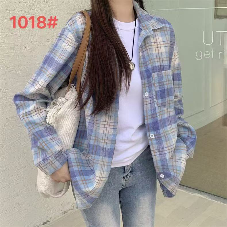 เสื้อเชิ้ตแขนยาว ลายสก๊อต กระดุมหน้า มีกระเป๋า ใหม่ สไตส์วัยรุ่นเกาหลี