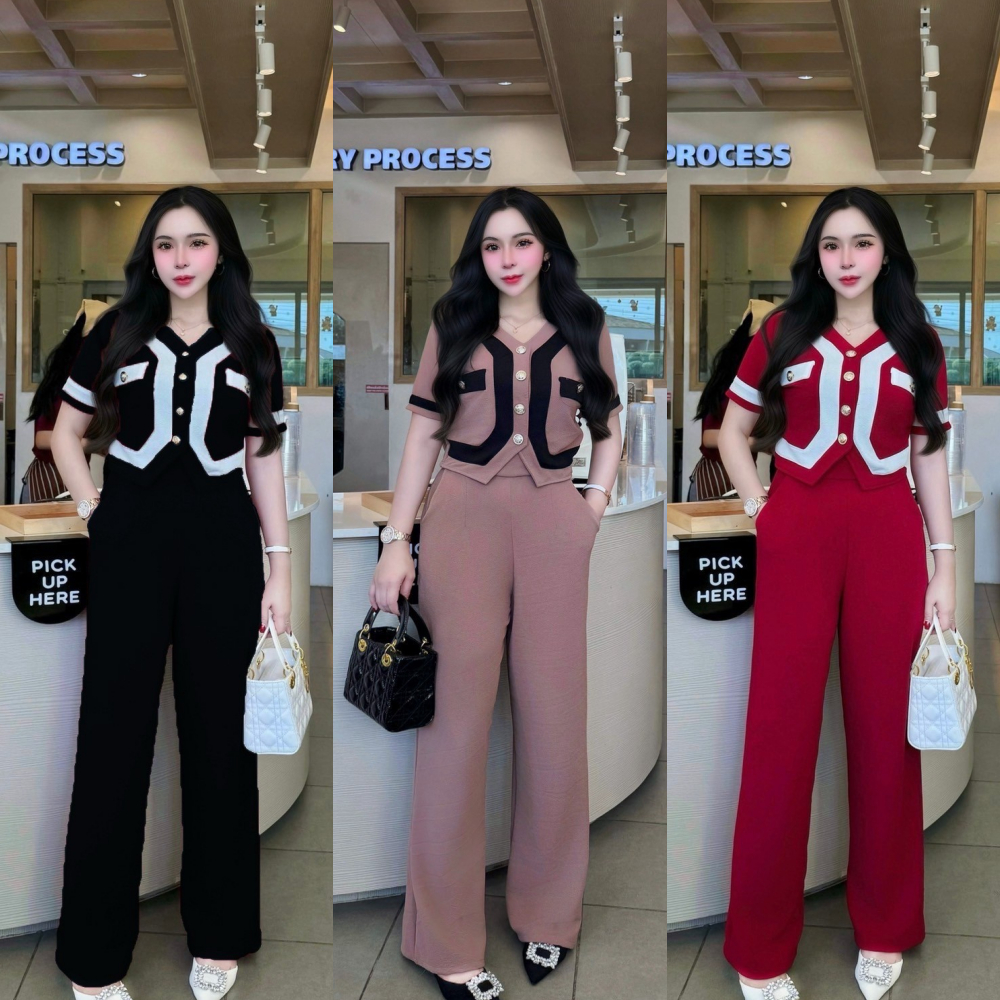 พร้อมส่ง ชุดเซตยาวผ้าวูลเวฟทรูโทน เสื้อทรงสูทแต่งกระเป๋าหน้ากระดุมหน้า+กางเกงเอวเรียบสม็อคหลังมีกระเป๋า A5470
