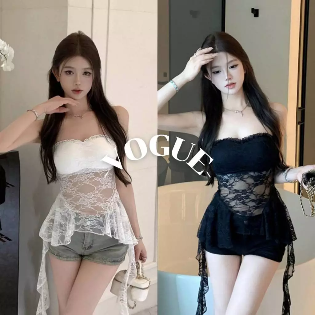 Vogue🌟พร้อมส่ง🌟 เสื้อเกาะอก ลายลูกไม้แต่งสายปลายปล่อย มีฟองน้ำ มีพื้น (FY688)