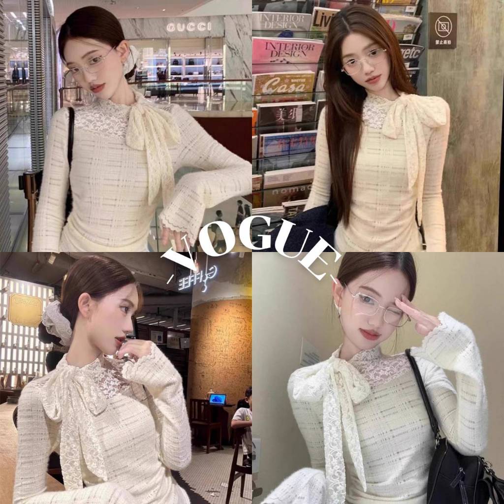 Vogue🌟พร้อมส่ง🌟 เสื้อไหมพรมแขนยาว ดีเทลคอเต่าแต่งผูกโบว์ (8K160)