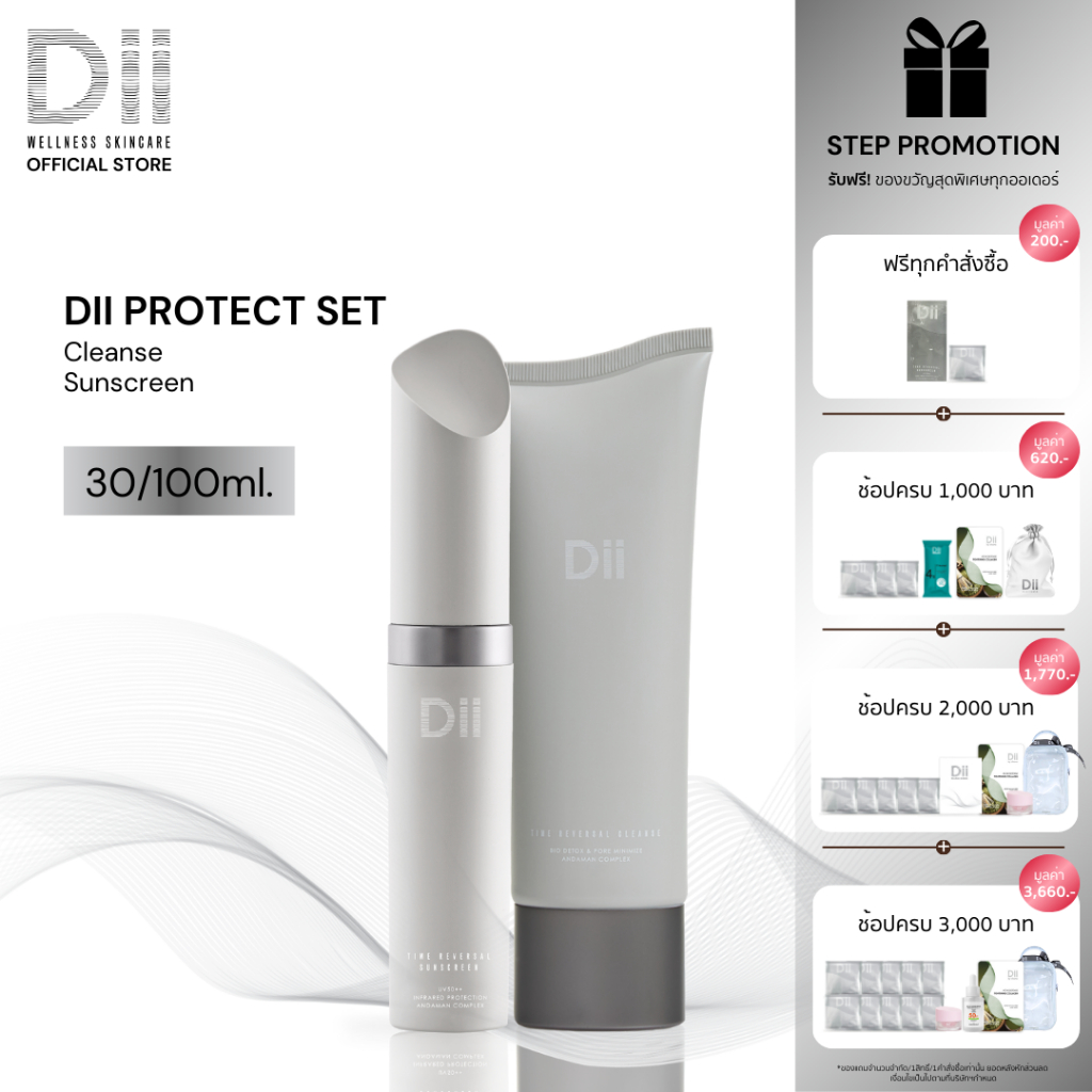 (ฟรีSachet ขนาดทดลอง 2ชิ้น) Dii Time Reversal Protect Set :  เจลล้างหน้า + กันแดดเนื้อมูสไพรเมอร์
