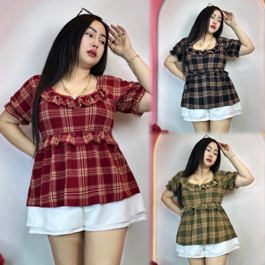 เสื้อสาวอวบ*ร้านปอปังแฟชั่น อก40-50ยาว26 ลายสก็อต ทรงสวยมาก**รุ่น เมญ่าสก็อต**