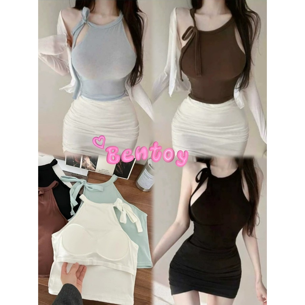 Bentoy(bratop2704)เสื้อยืดสายเดี่ยว คอเต๋า ดีเทลเรียบๆ ใส่สบาย รัดรูป  มัดเชือกผูกโบว์ตรงไหล่