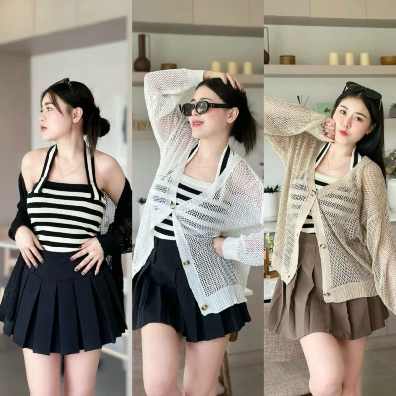 ชุดเซ็ต2ชิ้น เสื้อสายเดี่ยวผ้าไหมพรมยืด+เสื้อคลุมถักรู สาวอวบใส่ได้ ใส่ออกงานได้ รุ่น ลำใย
