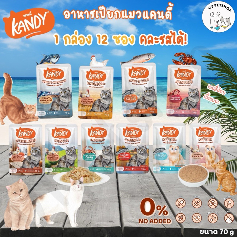 (12 ซอง) Kandy อาหารเปียกแมว สำหรับลูกแมว และแมวโต ตั้งแต่ 2 เดือนขึ้นไป ไม่ใส่เกลือ ขนาด 70 กรัม Ka