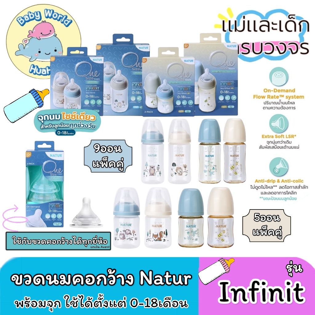 [แพ็คคู่] Natur infinit ขวดนมอินฟินิท PP Natur 5oz/9oz (พิมพ์ลาย) เนเจอร์ คอกว้าง