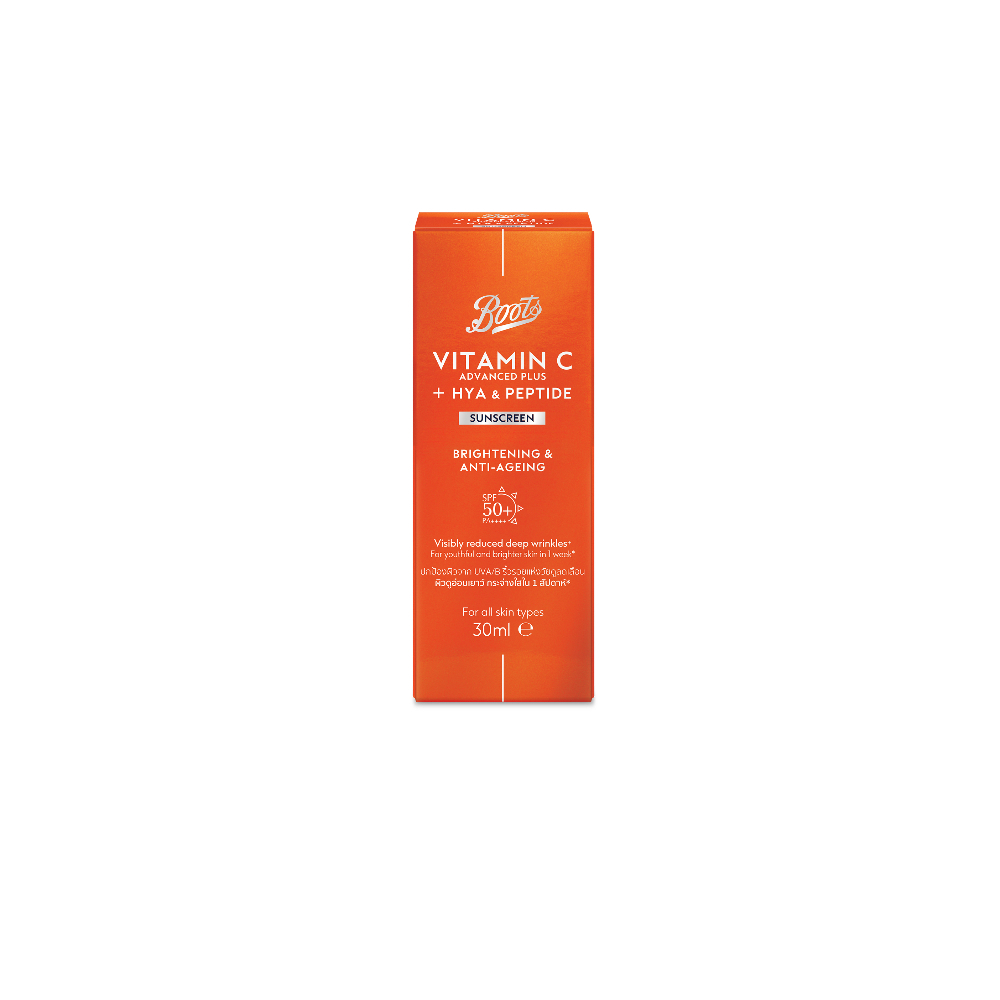 BOOTS VITAMIN C บู๊ทส์ วิตามิน ซี แอดวานซ์ พลัส ไฮยา แอนด์ เปปไทด์ ซันสกรีน เอสพีเอฟ50+ พีเอ ++++ 30 มล.
