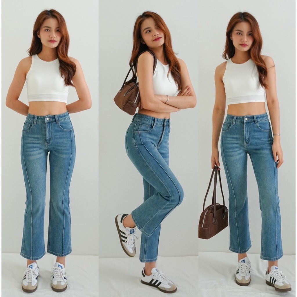 Sissy Store (89698) : กางเกงยีนส์ ขากระบอก สียีนส์ แต่งดีเทลเส้นกลางกางเกง ผ้ายืด เอวสะดือ เก็บทรง เก็บหุ่น ใส่แล้วหุ่นด