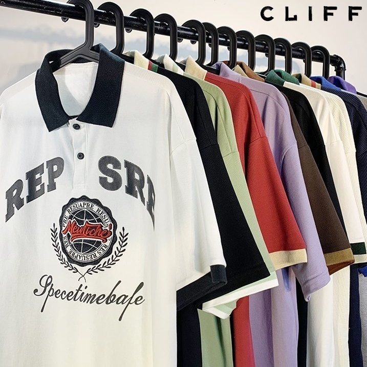 CLIFF เสื้อคอปก สีต่อ พิมพ์ลาย เสื้อเชิ้ตผู้ชาย ยอดนิยม หลวม ชุดคู่รัก ลำลอง