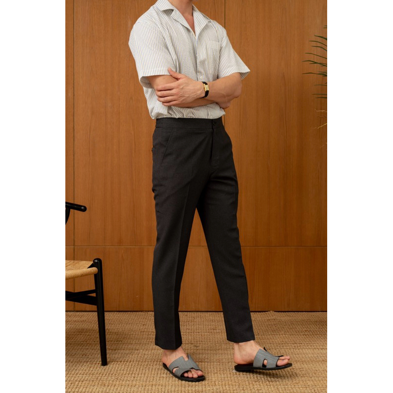 The Finery - The Laguna Elastic Waist Trouser in Ash Grey กางเกงทำงาน เอวยางยืด ผูกเชือก ผู้ชายสีเทาเข้ม