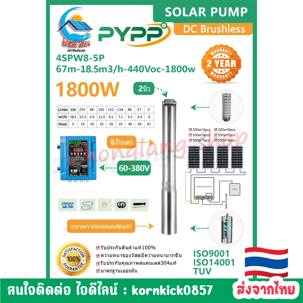 ปั๊มซับเมอร์สโซลาร์เซลล์ 1800W(2 แรง) ขนาด 2 นิ้ว PYPP รุ่น DC 4SPW8-5P (67m-18.5m3/h-440Voc-1800w) 