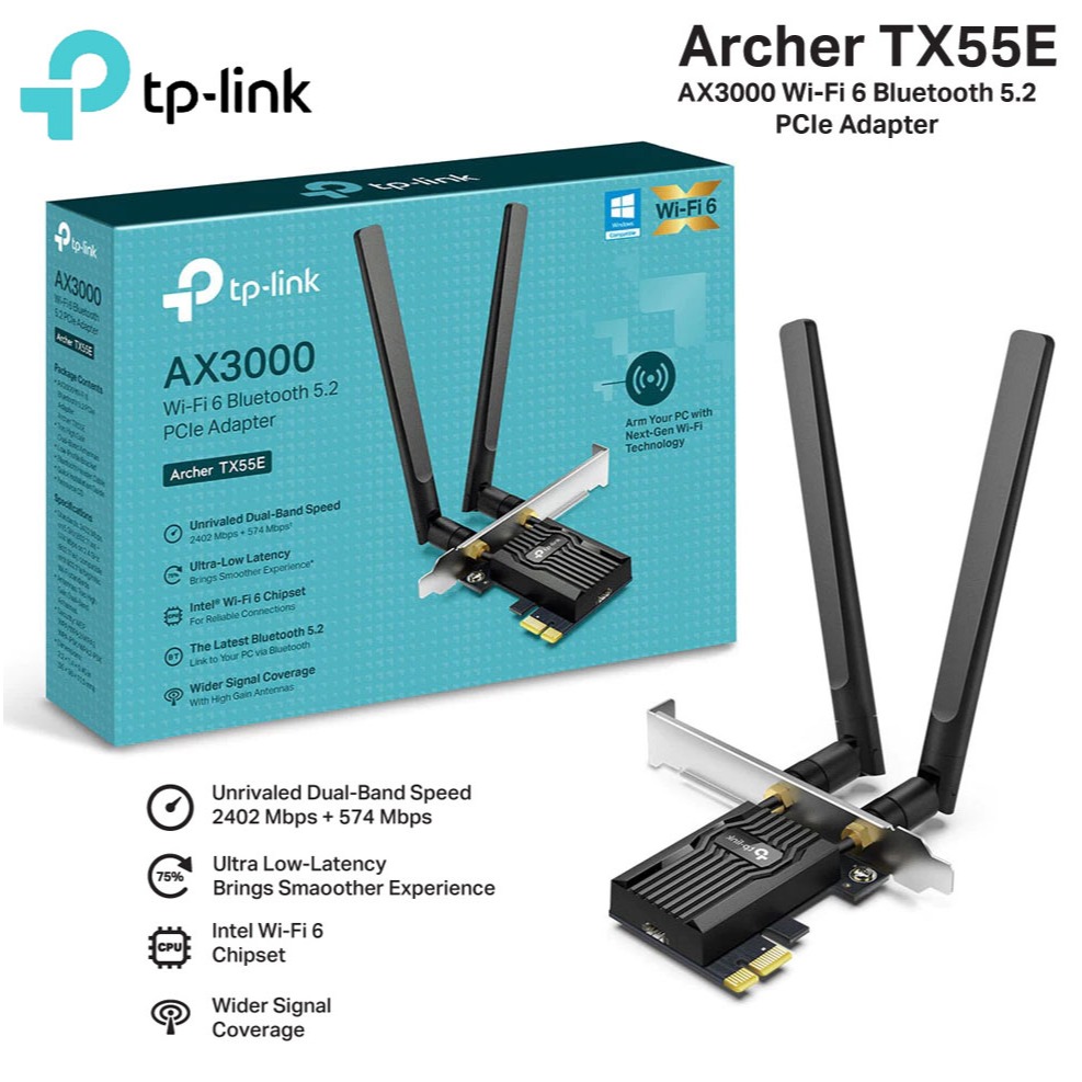 TP-LINK Wireless PCIe Adapter (Archer TX55E) AX3000 Dual Band WI-FI 6 Bluetooth 5.2 - A0145157