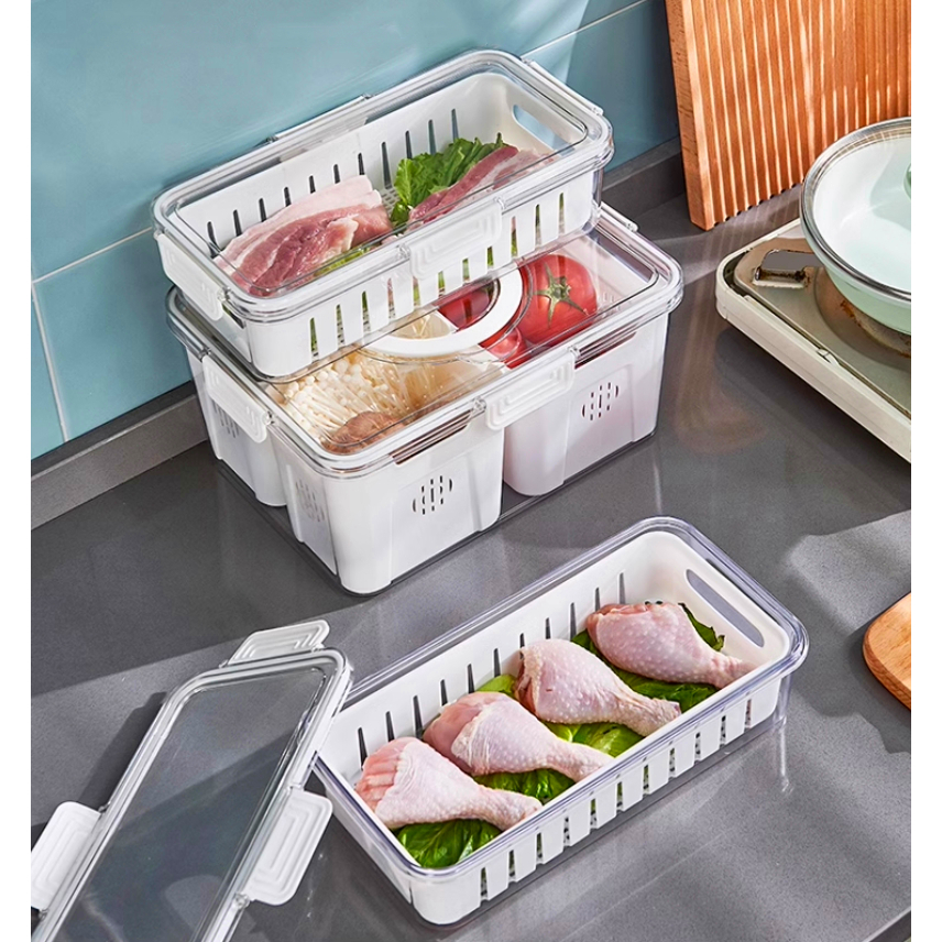 กล่องเก็บของในตู้เย็น ภาชนะเก็บอาหาร ภาชนะเก็บผลไม้ในตู้เย็นพร้อมตะกร้าระบายน้ำ กล่องกรองผักแบบซ้อนได้พร้อมฝาปิด - รูปที่ 4