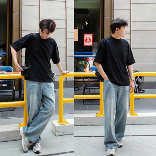 HIMSELF Smocked Wide Jeans กางเกงยีนส์ผู้ชาย เอวสูงทรงขากระบอกใหญ่ เอวยืดได้เล็กน้อย ใส่สบาย