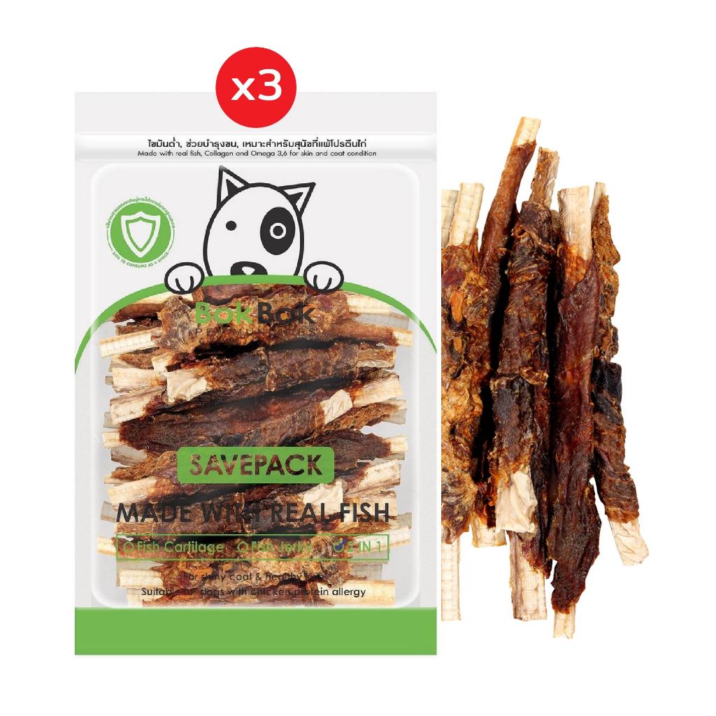 Bok Bok ขนมน้องหมา เนื้อปลาพันกระดูก 2IN1 300 กรัม 3 ซอง เหมาะสำหรับสุนัขที่ชอบเคี้ยว ไขมันต่ำ บำรุงไขข้อและเส้นขน