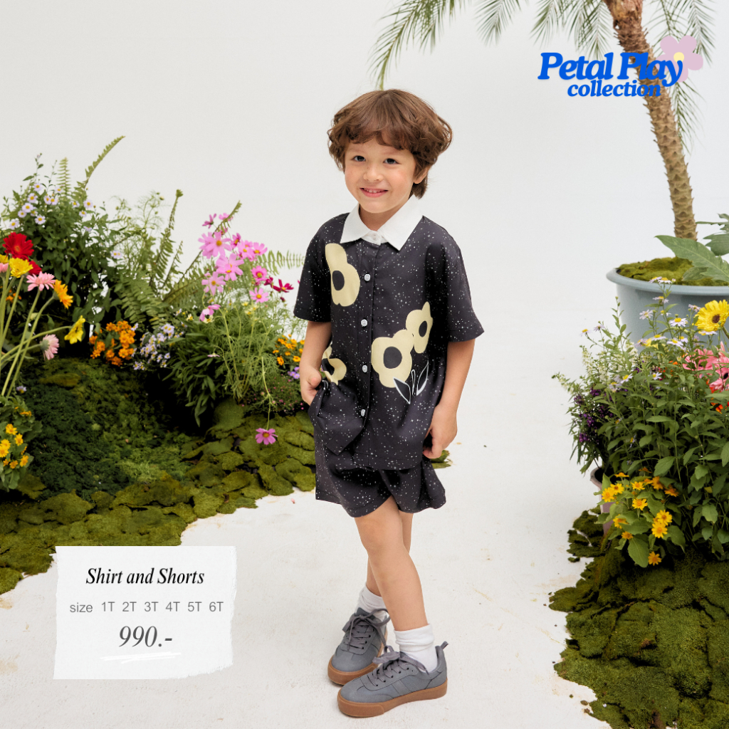 Tilly Milly  เสื้อเชิ้ต กางเกงขาสั้น  (เด็กผู้ชาย) ลายดอกไม้ สีดำ  - Petal play