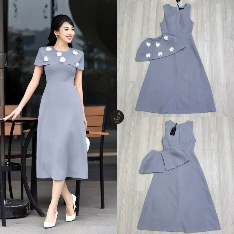 ชุดเดรสยาวสีเทา งานป้ายTicha ชุดเดรสแขนกุด + ผ้าคลุมไหล่ เดรสยาวเรียบหรู