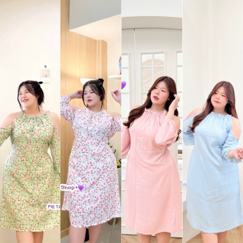 MTเดรสยาวแขนยาวจั้มปลายแขน เว้าไหล่ ผ้าด๊อบบี้เนื้อดี ไซส์ใหญ่ สาวอวบ