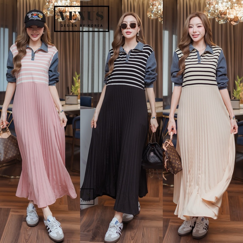 🌈🌿🌸🌺🌼🖤🩷🧡🇰🇷Knit Stripe Patch Rim Jeans Collar&Long Sleeve Patch Pleat Maxi Dress