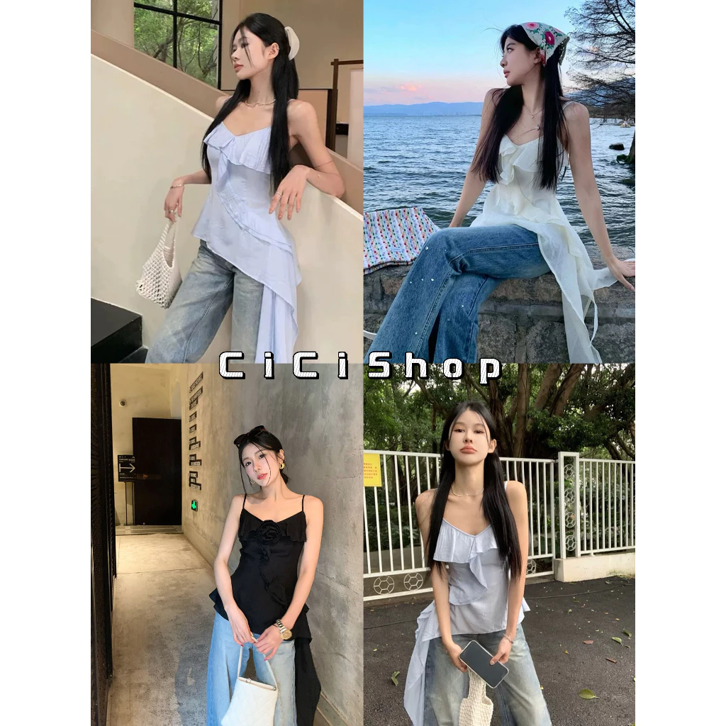 Cicishop(Y6209) เสื้อสายเดี่ยวผ้าลินิน สีพื้น แต่งระบายทรงเฉียง ซิปหลัง ปรับสายได้ สำหรับซัมเมอร์