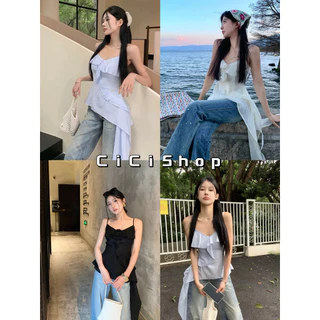 Cicishop(Y6209) เสื้อสายเดี่ยวผ้าลินิน สีพื้น แต่งระบายทรงเฉียง ซิปหลัง ปรับสายได้ สำหรับซัมเมอร์