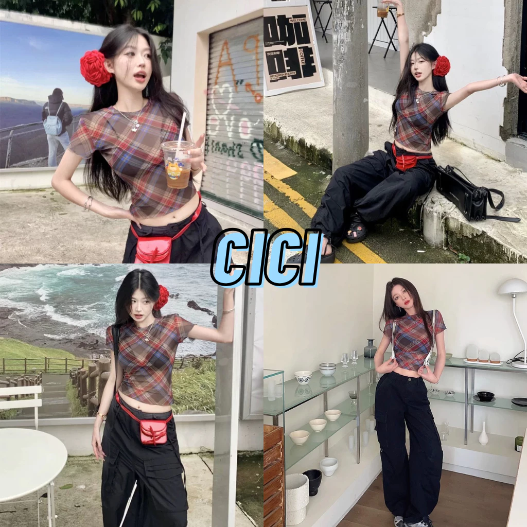ส่งทันที Cici(NO. H8812) เสื้อแขนสั้นผ้าซีทรู ลายสก๊อต ดีเทลจั้มเอว ผ้ายืดใส่สบาย สไตล์สาวแซ่บ