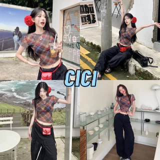 ส่งทันที Cici(NO. H8812) เสื้อแขนสั้นผ้าซีทรู ลายสก๊อต ดีเทลจั้มเอว ผ้ายืดใส่สบาย สไตล์สาวแซ่บ