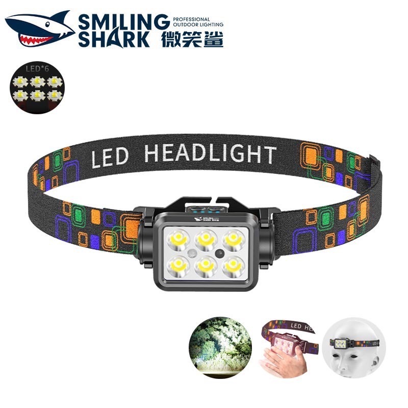 SmilingShark TD0196 ไฟฉายคาดหัว LED เซนเซอร์ 6 * ไฟหน้าแบบ LED แสงที่แข็งแกร่ง 3โหมด Type-C ชาร์จใหม่ได้ พร้อมไฟแสดงสถาน