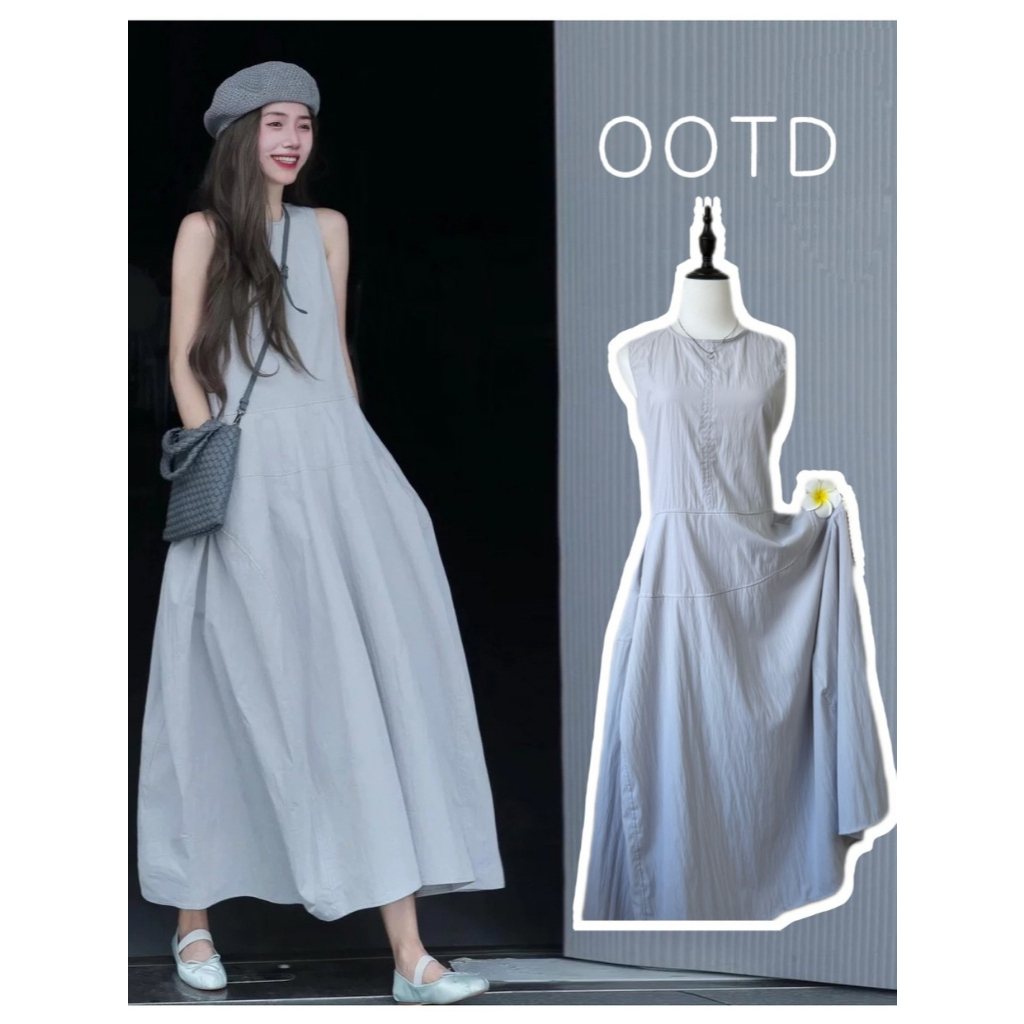 🎀ชุดเดรสยาว เดรสคอกลม เดรสแขนกุด ชุดเที่ยวทะเล เนื้อผ้าใส่สบาย เดรสทรงหลวม