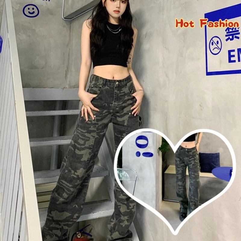 พร้อมส่งจากไทย (11037-NZ) กางเกงเอวสูง ทรงกระบอก ขายาว ลายพรางทหารสีเขียว-Hot Fashion