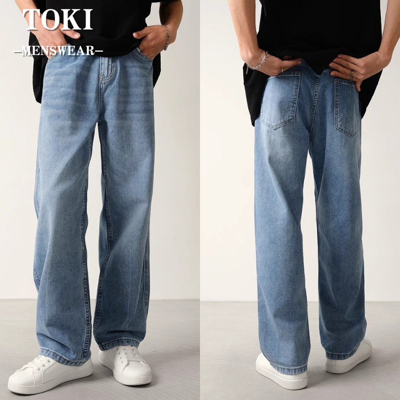 toki-กางเกงยีนส์ผู้ชาย ขายาว baggy jeans ชาย ยีนส์สีสนิม ทรงกระบอกใหญ่ สไตล์เกาหลี เอวสูงทรงกระบอกตรง สีฟ้าอ่อน menjeans