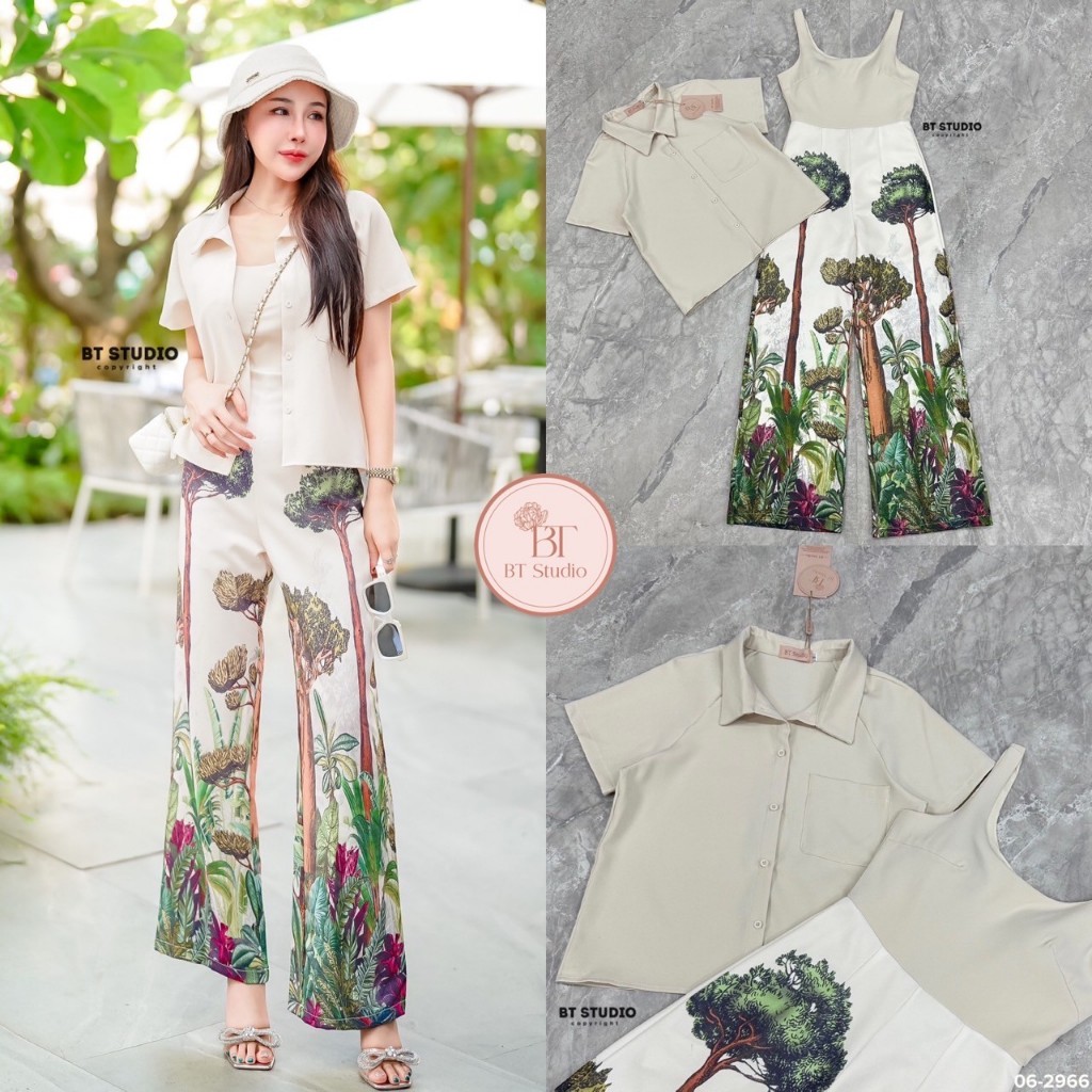BT studio 06-2966 Size M ชุดเซต 2 ชิ้น จั๊มสูทกางเกงขายาวสายเดี่ยว แมทช์กับ เสื้อเชิ้ตแขนสั้นคอปก