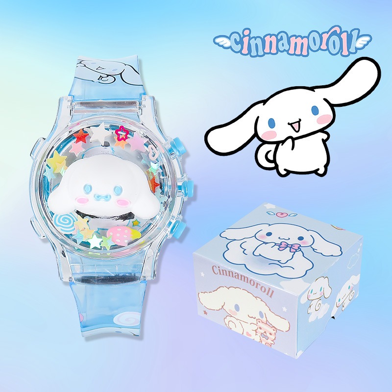 SANRIO นาฬิกา ซานริโอ คุโรมิ พร้อมกล่องของขวัญสําหรับเด็กผู้หญิงหมุนเรืองแสงเพลงนาฬิกาที่มีสีสันกระพริบเด็ก นํา นาฬิกาสํ