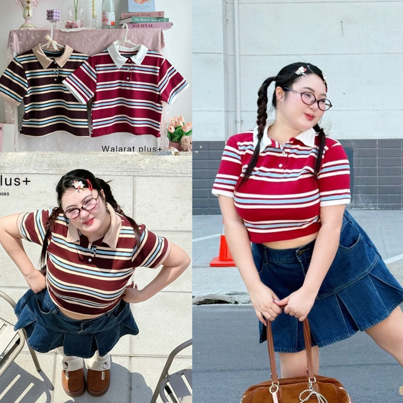 ✅เข้าเพิ่ม พร้อมส่งค่า/WP/ เสื้อโปโล สาวอวบ คอปก ขอบแขน ตัดสี ลายน่ารัก ใส่เที่ยว ทำงาน #เสื้อผ้าไซส์ใหญ่ พลัสไซส์