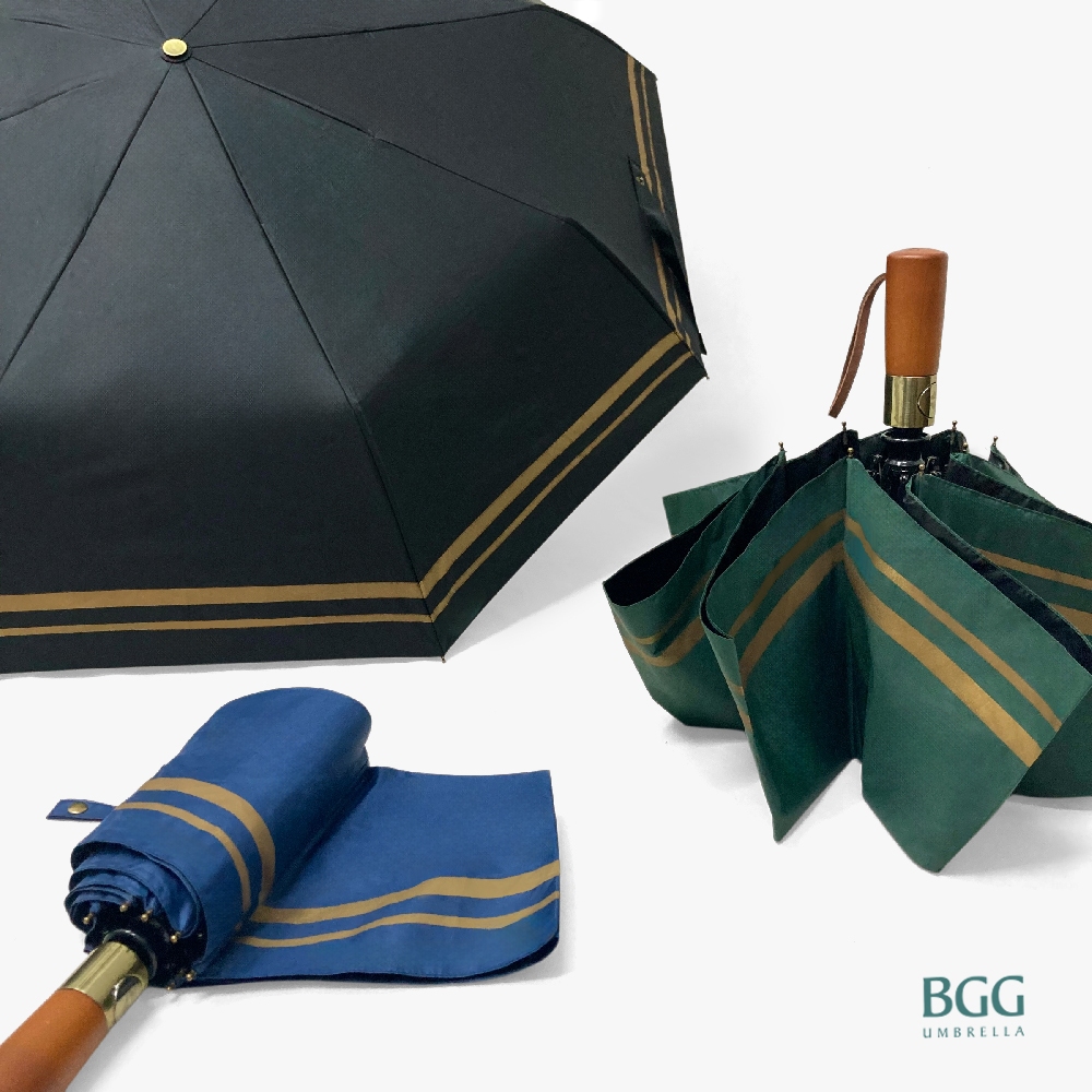 BGG 23" Vintage Style Black UV Coating Auto Umbrella ร่มอัตโนมัติ 3ตอน เคลือบสีดำ กันยูวี 100% ด้ามจับทำด้วยไม้ (AT0063)