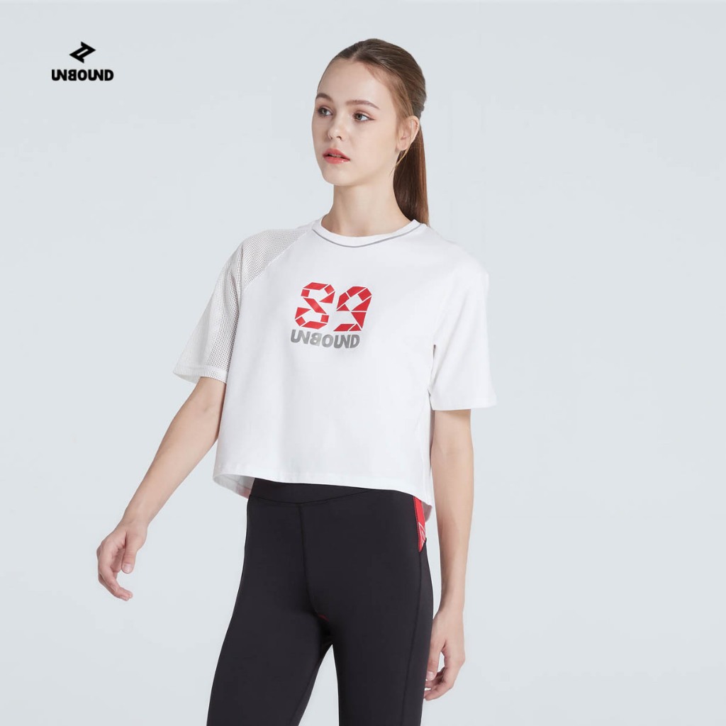 UNBOUND SECRECY OVERSIZED TEE เสื้อคอกลมสีขาว ดีเทลแขนขวาผ้าตาข่าย แห้งเร็ว ระบายอากาศ ใส่สบาย