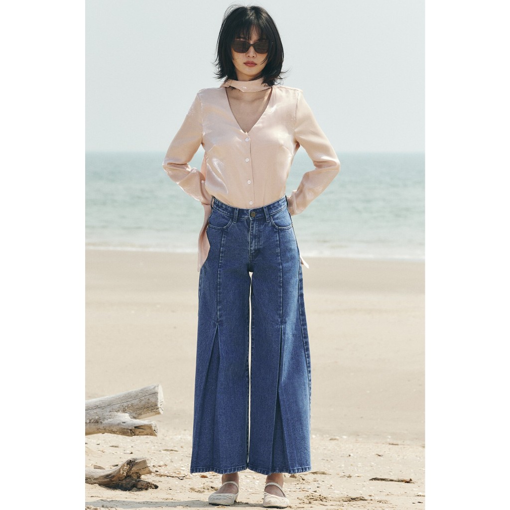 TBY Jeans กางเกงยีนส์ผู้หญิง ผ้าไม่ยืดขากระบอก เอวสูง จับจีบทวิสหน้าขา กระเป๋าหลังปักY (T3187)