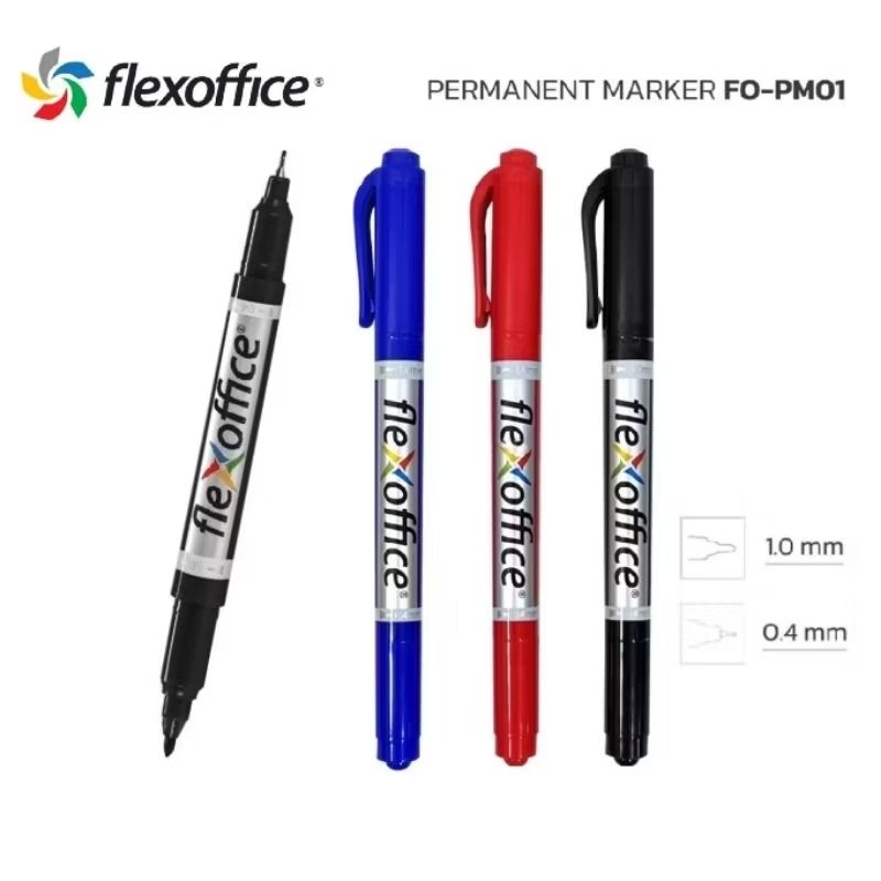 FlexOffice ปากกามาร์คเกอร์ 2 หัว FO-PM01 ขนาด 0.4 มม. และ 1.0 มม. เขียนได้ทุกพื้นผิว ซีดี แผ่นใส พลาสติก เหล็ก หนัง ไม้