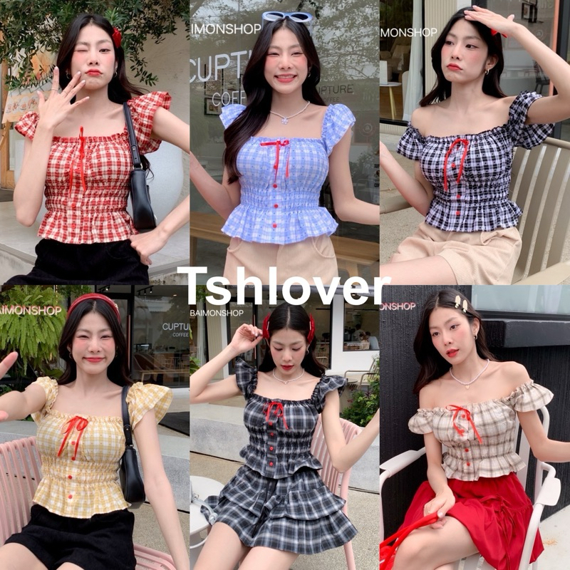 (ลูกค้าใหม่ 1 บาท) ครอปแขนระบาย เสื้อระบาย แต่งกระดุมแดง ลายสก็อต
